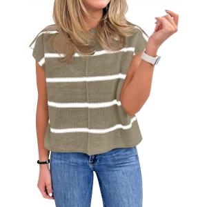 Saodimallsu Womens Cap Sleeve Tank Tops Striped Crew Neck Casual Loose Fit Spring Summer Pullover Knit Sweater Vest(Dark Khaki)