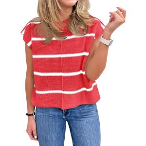 Saodimallsu Womens Cap Sleeve Tank Tops Striped Crew Neck Casual Loose Fit Spring Summer Pullover Knit Sweater Vest(Dark Red)