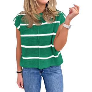 Saodimallsu Womens Cap Sleeve Tank Tops Striped Crew Neck Casual Loose Fit Spring Summer Pullover Knit Sweater Vest(Green)