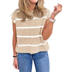Saodimallsu Womens Cap Sleeve Tank Tops Striped Crew Neck Casual Loose Fit Spring Summer Pullover Knit Sweater Vest(Khaki)