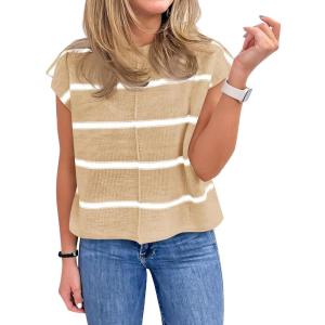 Saodimallsu Womens Cap Sleeve Tank Tops Striped Crew Neck Casual Loose Fit Spring Summer Pullover Knit Sweater Vest(Light Khaki)