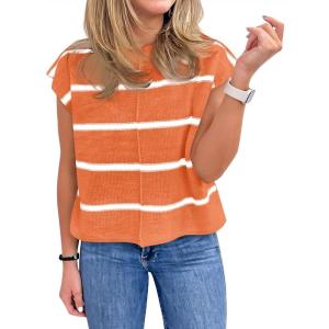 Saodimallsu Womens Cap Sleeve Tank Tops Striped Crew Neck Casual Loose Fit Spring Summer Pullover Knit Sweater Vest(Orange)