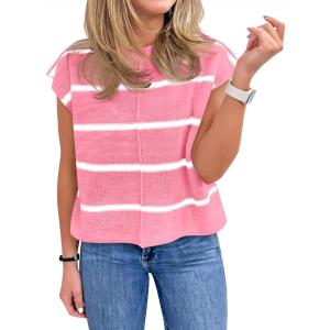 Saodimallsu Womens Cap Sleeve Tank Tops Striped Crew Neck Casual Loose Fit Spring Summer Pullover Knit Sweater Vest(Pink)