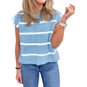 Saodimallsu Womens Cap Sleeve Tank Tops Striped Crew Neck Casual Loose Fit Spring Summer Pullover Knit Sweater Vest(Sky Blue)