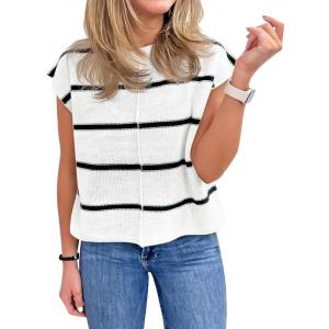 Saodimallsu Womens Cap Sleeve Tank Tops Striped Crew Neck Casual Loose Fit Spring Summer Pullover Knit Sweater Vest(White)