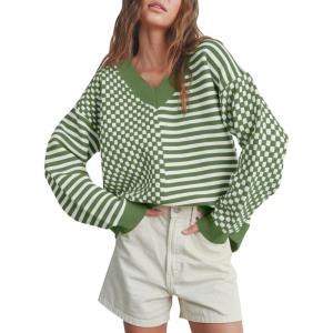 Saodimallsu Womens Checkered Striped Sweater V Neck Long Sleeve Fall Trendy Loose Knit Cozy Pullover Tops(Army Green)