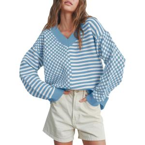 Saodimallsu Womens Checkered Striped Sweater V Neck Long Sleeve Fall Trendy Loose Knit Cozy Pullover Tops(Blue)