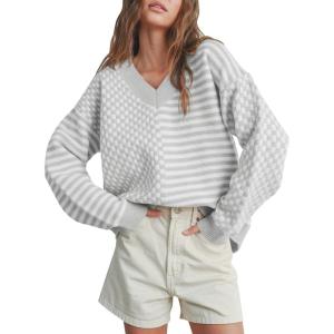 Saodimallsu Womens Checkered Striped Sweater V Neck Long Sleeve Fall Trendy Loose Knit Cozy Pullover Tops(Grey)