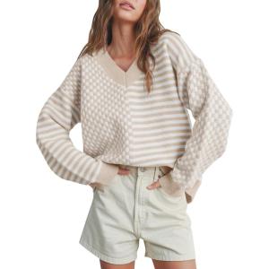 Saodimallsu Womens Checkered Striped Sweater V Neck Long Sleeve Fall Trendy Loose Knit Cozy Pullover Tops(Khaki)