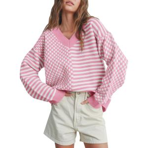 Saodimallsu Womens Checkered Striped Sweater V Neck Long Sleeve Fall Trendy Loose Knit Cozy Pullover Tops(Pink)