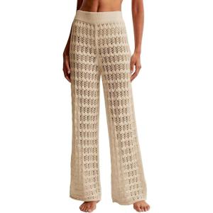 Saodimallsu Womens Crochet Cover Up Pants Sheer Mesh High Waist Sexy Casual Knit Summer Swimsuit Coverup Beach Pants(Apricot)