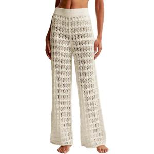 Saodimallsu Womens Crochet Cover Up Pants Sheer Mesh High Waist Sexy Casual Knit Summer Swimsuit Coverup Beach Pants(Beige)