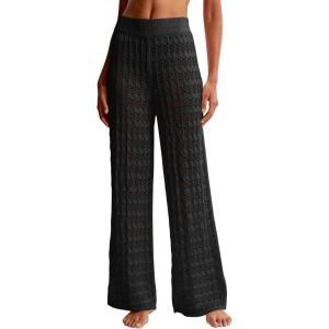 Saodimallsu Womens Crochet Cover Up Pants Sheer Mesh High Waist Sexy Casual Knit Summer Swimsuit Coverup Beach Pants(Black)