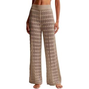 Saodimallsu Womens Crochet Cover Up Pants Sheer Mesh High Waist Sexy Casual Knit Summer Swimsuit Coverup Beach Pants(Dark Khaki)