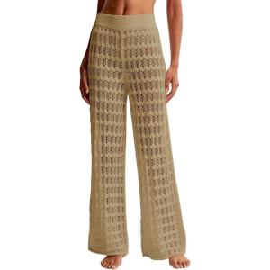 Saodimallsu Womens Crochet Cover Up Pants Sheer Mesh High Waist Sexy Casual Knit Summer Swimsuit Coverup Beach Pants(Khaki)