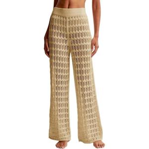 Saodimallsu Womens Crochet Cover Up Pants Sheer Mesh High Waist Sexy Casual Knit Summer Swimsuit Coverup Beach Pants(Light Khaki)