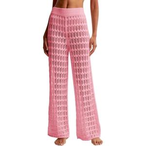 Saodimallsu Womens Crochet Cover Up Pants Sheer Mesh High Waist Sexy Casual Knit Summer Swimsuit Coverup Beach Pants(Pink)