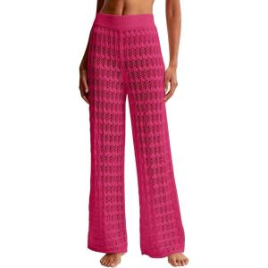 Saodimallsu Womens Crochet Cover Up Pants Sheer Mesh High Waist Sexy Casual Knit Summer Swimsuit Coverup Beach Pants(Rose Red)