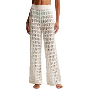 Saodimallsu Womens Crochet Cover Up Pants Sheer Mesh High Waist Sexy Casual Knit Summer Swimsuit Coverup Beach Pants(White)