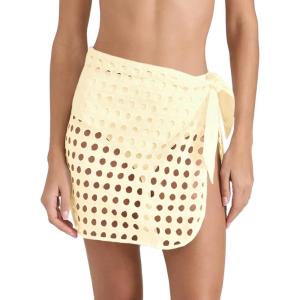 Saodimallsu Women’s Crochet Cover Up Skirt 2025 Beach Mesh Slit Tie Waist Mini Wrap Skirts Pareo Swimwear Coverups(Beige)