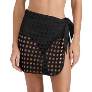 Saodimallsu Women’s Crochet Cover Up Skirt 2025 Beach Mesh Slit Tie Waist Mini Wrap Skirts Pareo Swimwear Coverups(Black)