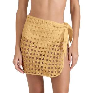 Saodimallsu Women’s Crochet Cover Up Skirt 2025 Beach Mesh Slit Tie Waist Mini Wrap Skirts Pareo Swimwear Coverups(Khaki)