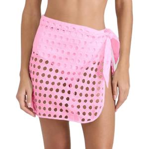 Saodimallsu Women’s Crochet Cover Up Skirt 2025 Beach Mesh Slit Tie Waist Mini Wrap Skirts Pareo Swimwear Coverups(Pink)