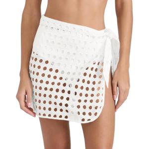 Saodimallsu Women’s Crochet Cover Up Skirt 2025 Beach Mesh Slit Tie Waist Mini Wrap Skirts Pareo Swimwear Coverups(White)