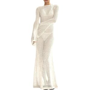 Saodimallsu Womens Crochet Cover Ups Long Sleeve Sexy Mesh Backless Knit Swimsuit Coverup Beach Maxi Dress(Beige)