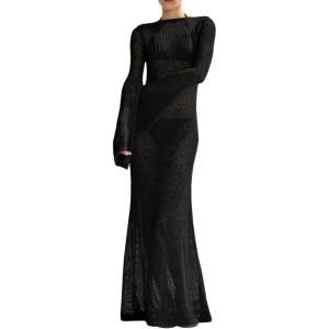 Saodimallsu Womens Crochet Cover Ups Long Sleeve Sexy Mesh Backless Knit Swimsuit Coverup Beach Maxi Dress(Black)