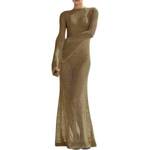 Saodimallsu Womens Crochet Cover Ups Long Sleeve Sexy Mesh Backless Knit Swimsuit Coverup Beach Maxi Dress(Khaki)