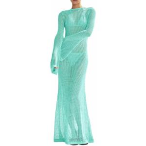 Saodimallsu Womens Crochet Cover Ups Long Sleeve Sexy Mesh Backless Knit Swimsuit Coverup Beach Maxi Dress(Mint)