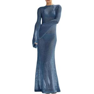 Saodimallsu Womens Crochet Cover Ups Long Sleeve Sexy Mesh Backless Knit Swimsuit Coverup Beach Maxi Dress(Navy)