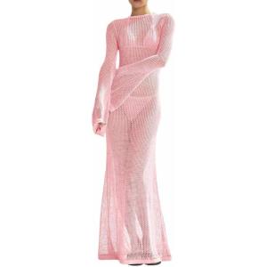 Saodimallsu Womens Crochet Cover Ups Long Sleeve Sexy Mesh Backless Knit Swimsuit Coverup Beach Maxi Dress(Pink)