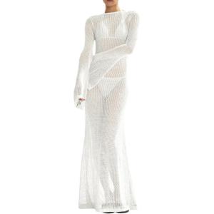 Saodimallsu Womens Crochet Cover Ups Long Sleeve Sexy Mesh Backless Knit Swimsuit Coverup Beach Maxi Dress(White)