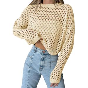 Saodimallsu Womens Crochet Crop Tops Summer Long Sleeve Mesh Knit Beach Cover Up Hollow Out Crewneck Pullover Sweaters(Beige)