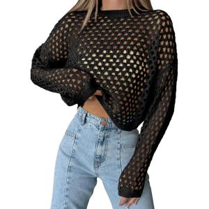 Saodimallsu Womens Crochet Crop Tops Summer Long Sleeve Mesh Knit Beach Cover Up Hollow Out Crewneck Pullover Sweaters(Black)