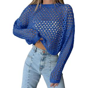 Saodimallsu Womens Crochet Crop Tops Summer Long Sleeve Mesh Knit Beach Cover Up Hollow Out Crewneck Pullover Sweaters(Blue)