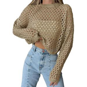 Saodimallsu Womens Crochet Crop Tops Summer Long Sleeve Mesh Knit Beach Cover Up Hollow Out Crewneck Pullover Sweaters(Khaki)