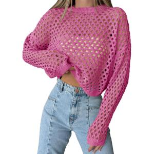 Saodimallsu Womens Crochet Crop Tops Summer Long Sleeve Mesh Knit Beach Cover Up Hollow Out Crewneck Pullover Sweaters(Pink)