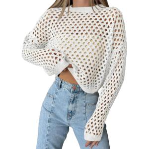 Saodimallsu Womens Crochet Crop Tops Summer Long Sleeve Mesh Knit Beach Cover Up Hollow Out Crewneck Pullover Sweaters(White)