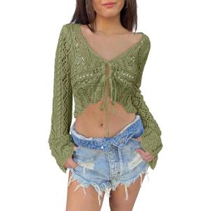 Saodimallsu Womens Crochet Crop Tops Tie Front Bell Long Sleeve Cardigan V Neck Lightweight Knit Shrug Sweaters(Army Green)