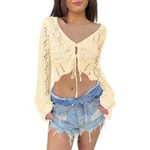 Saodimallsu Womens Crochet Crop Tops Tie Front Bell Long Sleeve Cardigan V Neck Lightweight Knit Shrug Sweaters(Beige)