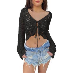 Saodimallsu Womens Crochet Crop Tops Tie Front Bell Long Sleeve Cardigan V Neck Lightweight Knit Shrug Sweaters(Black)