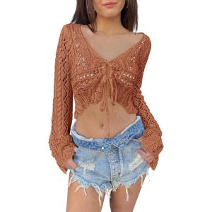 Saodimallsu Womens Crochet Crop Tops Tie Front Bell Long Sleeve Cardigan V Neck Lightweight Knit Shrug Sweaters(Brick Red)
