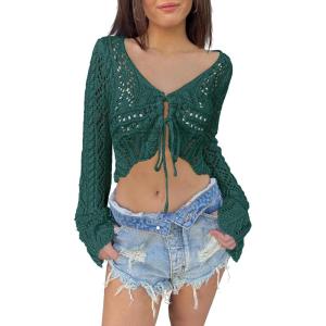 Saodimallsu Womens Crochet Crop Tops Tie Front Bell Long Sleeve Cardigan V Neck Lightweight Knit Shrug Sweaters(Dark Green)