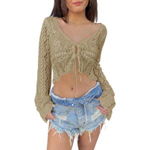Saodimallsu Womens Crochet Crop Tops Tie Front Bell Long Sleeve Cardigan V Neck Lightweight Knit Shrug Sweaters(Khaki)