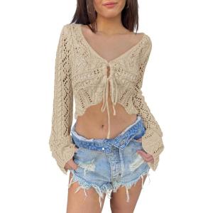 Saodimallsu Womens Crochet Crop Tops Tie Front Bell Long Sleeve Cardigan V Neck Lightweight Knit Shrug Sweaters(Light Khaki)