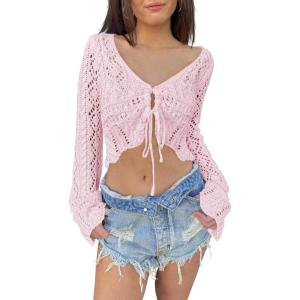 Saodimallsu Womens Crochet Crop Tops Tie Front Bell Long Sleeve Cardigan V Neck Lightweight Knit Shrug Sweaters(Pink)