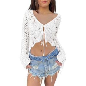 Saodimallsu Womens Crochet Crop Tops Tie Front Bell Long Sleeve Cardigan V Neck Lightweight Knit Shrug Sweaters(White)